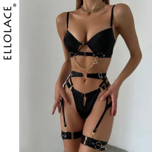 Chain Bra Panty Set Ellolace Fine Lingerie 5-Piece with Garters 1