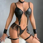 Ellolace Adult Female Fetish Sexy Bodysuit Handcuff PU Tassel Porno Sex Doll Body Sensual Halter Chain Hollow Belly Dancer Kit 4