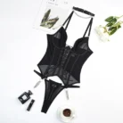 Ellolace Fancy Lingerie Backless Lace Up Corset Set Seamless 3-Piece Push Up Bra Kit Exotic Black Intimate Fine Underwear Set 5