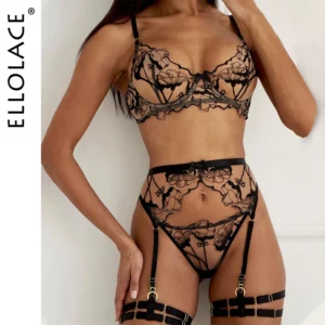 Ellolace Sexy Ink Floral See Through Lingerie 5-Piece Erotic Set for Women 1
