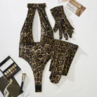 Ellolace Leopard Bodysuit with Gloves and Stockings 5-Piece Sissy Crotchless Halter Deep V Body Suit for Women Sexy Tops Tights 5