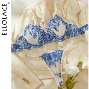 Ellolace Floral Lace Embroidery Lingerie Set Push Up Bra Kit See Through Tulle Exotic Intimate Underwear 1