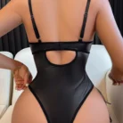 Ellolace Leather Bodysuit Lace Patchwork See Through One Piece Elegant Black Lace Up Hollow Sexy Sissy Tops for Women 6