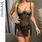 Ellolace Floral Embroidery Lace Night Dress Sexy Transparent Split Nightwear for Women 1