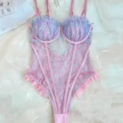 Ellolace Elegant Lace Bodysuit with Ruffles Sexy Fancy Hot Onlyfans Kinky Romantic Pink See Through Women’s Top 6