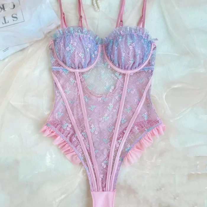 Ellolace Elegant Lace Bodysuit with Ruffles Sexy Fancy Hot Onlyfans Kinky Romantic Pink See Through Women’s Top 6
