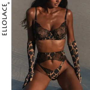 Ellolace Leopard Lace Patchwork Lingerie Set Ultra Sexy Costume with Gloves and Stockings for Women 1