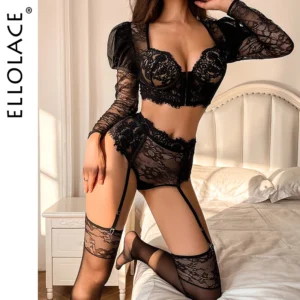 Ellolace Daring Lace Lingerie Set for Women with Stockings Erotic Intimate Sissy Underwear Complete Set 1