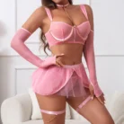 Ellolace Fairy Women Lingerie Set Sexy Hot Erotic Tulle 5PCS Outfit with Attractive Chest Suspenders Chains Cuffs Back Bandage 5