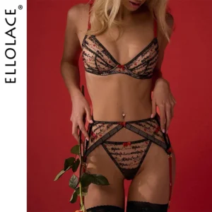 Sexy Embroidered G-String Lingerie Set Ellolace 3-Piece Exotic Women’s Underwear 1