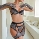 Ellolace Fancy Erotic Lingerie Full Sexy Adult Plaid Patchwork Thongs Underwear 5-Piece Gloves Garter Belt Set Hilitos 5