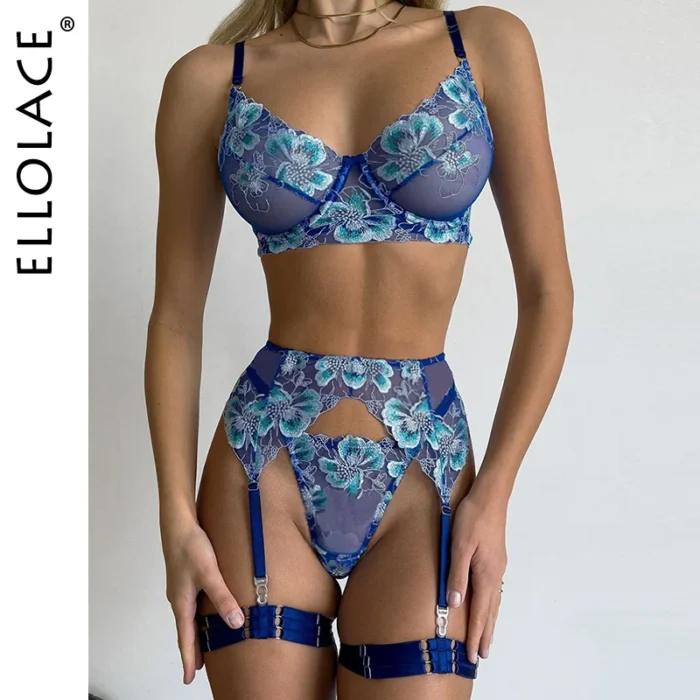 Ellolace Premium Embroidery 5-Piece Lingerie Set with Push Up Bra and Floral Lace 1