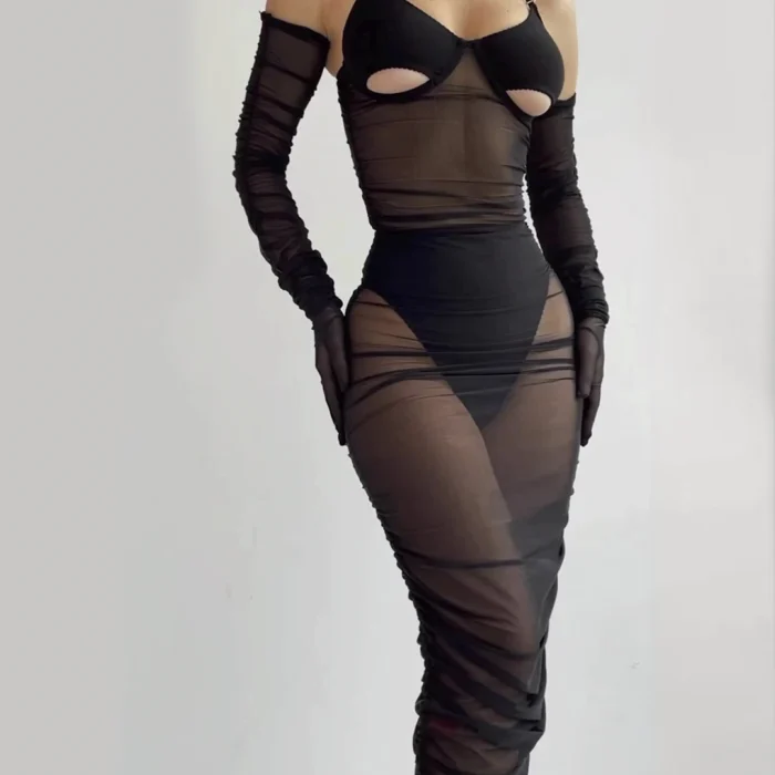 Ellolace Erotic Ruffles Mesh Long Dress Long Gloves Cut Out Bra Sissy Seductive Sexy Matching Tulle Baby Dolls Ladies Dames 2
