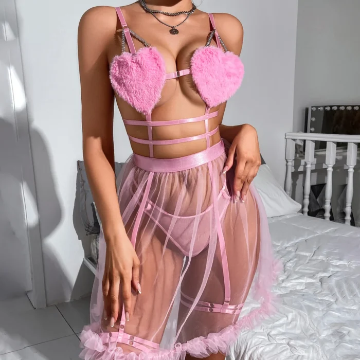Ellolace Adult Female Sexy Party Dresses Heart-Shaped Bra Fairy Tulle Sensual Set Straps Sweet Cut Out Woman Costume 4