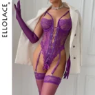 Ellolace Sexy Lace Bodysuit Lace Up Erotic Costume with Long Gloves Stockings See-Through Sissy Tights Fantasy Uncensored Lingerie 3