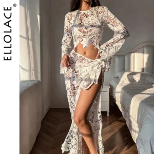 Ellolace Hollow Out Lace Lingerie Set Sexy White Bikini Top Dress for Women 1