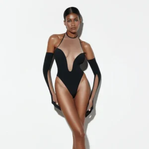 Ellolace Sexy Sissy Crotchless Mesh Bodysuit Deep V Neck Halter with Gloves Slimming Hot Fantasy Tulle Teddy for Women 23