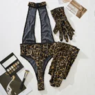 Ellolace Leopard Bodysuit with Gloves and Stockings 5-Piece Sissy Crotchless Halter Deep V Body Suit for Women Sexy Tops Tights 6