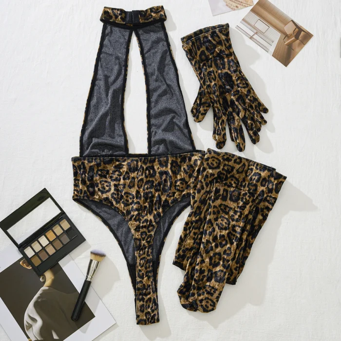 Ellolace Leopard Bodysuit with Gloves and Stockings 5-Piece Sissy Crotchless Halter Deep V Body Suit for Women Sexy Tops Tights 6