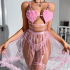 Ellolace Adult Female Sexy Party Dresses Heart-Shaped Bra Fairy Tulle Sensual Set Straps Sweet Cut Out Woman Costume 5