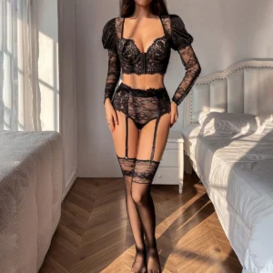 Ellolace Daring Lace Lingerie Set for Women with Stockings Erotic Intimate Sissy Underwear Complete Set 2