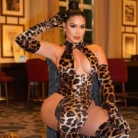 Ellolace Leopard Bodysuit with Gloves and Stockings 5-Piece Sissy Crotchless Halter Deep V Body Suit for Women Sexy Tops Tights 4