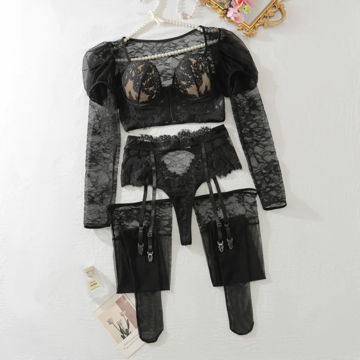 Ellolace Daring Lace Lingerie Set for Women with Stockings Erotic Intimate Sissy Underwear Complete Set 6