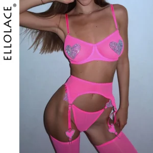 Ellolace Daring Neon Mesh Lingerie Set Heart Rhinestone 3-Piece Sexy Erotic Outfit for Women 1