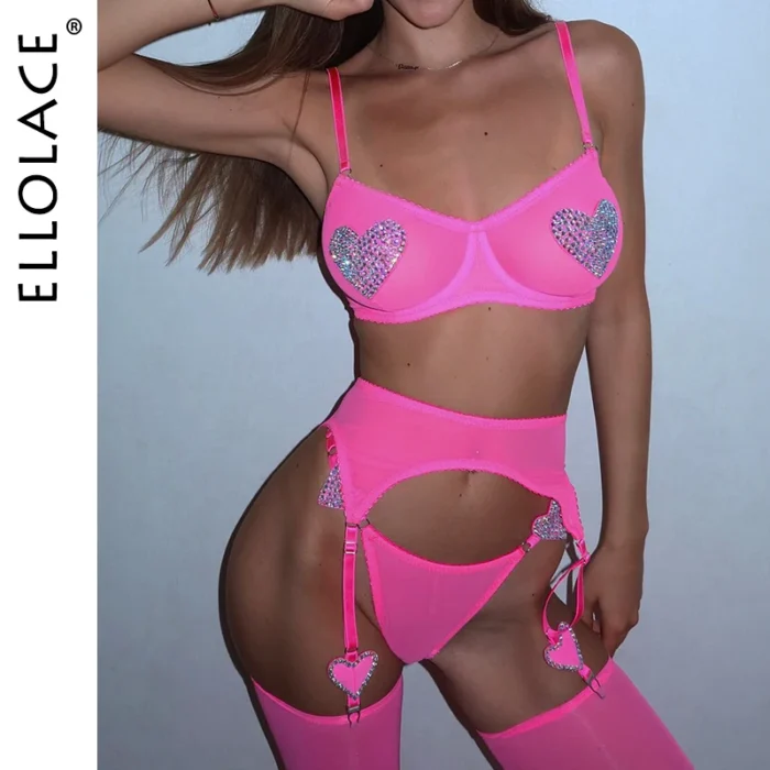 Ellolace Daring Neon Mesh Lingerie Set Heart Rhinestone 3-Piece Sexy Erotic Outfit for Women 1