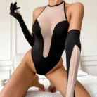 Ellolace Sexy Sissy Crotchless Mesh Bodysuit Deep V Neck Halter with Gloves Slimming Hot Fantasy Tulle Teddy for Women 6