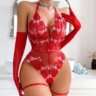 Ellolace Female Sexy Lingerie Valentine Lace Bodysuit Love Embroidery See Through Body Gloves Crotchless Erotic Costume 3