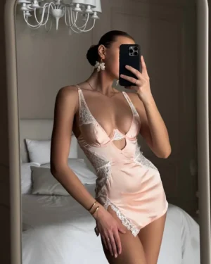Ellolace Deep V Neck Sexy Satin Dress Lingerie Lace Patchwork Split Sissy Night Women Slip Dress Silk Nightwear 2