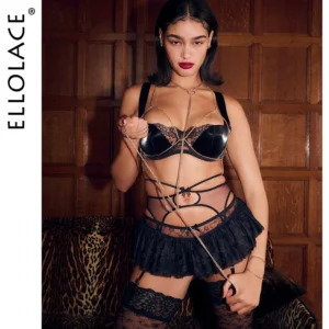 Ellolace Sexy Latex Splicing Lingerie Set for Women Fetish Bra and Lace Skirt Party Club Outfits 1