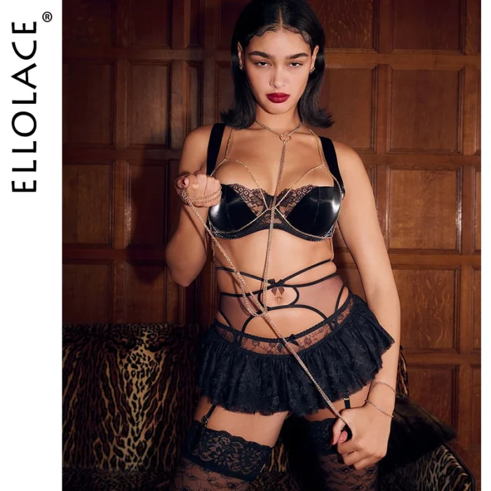 Ellolace Sexy Latex Splicing Lingerie Set for Women Fetish Bra and Lace Skirt Party Club Outfits 1