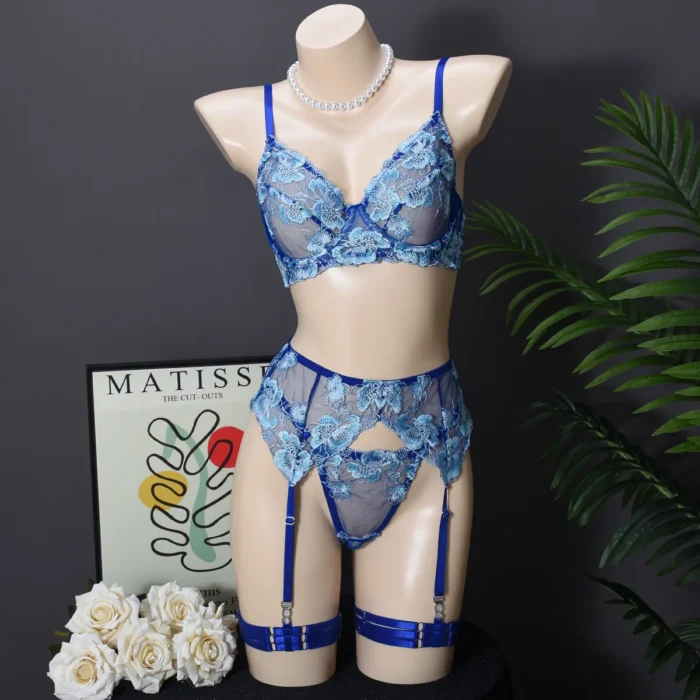 Ellolace Premium Embroidery 5-Piece Lingerie Set with Push Up Bra and Floral Lace 4