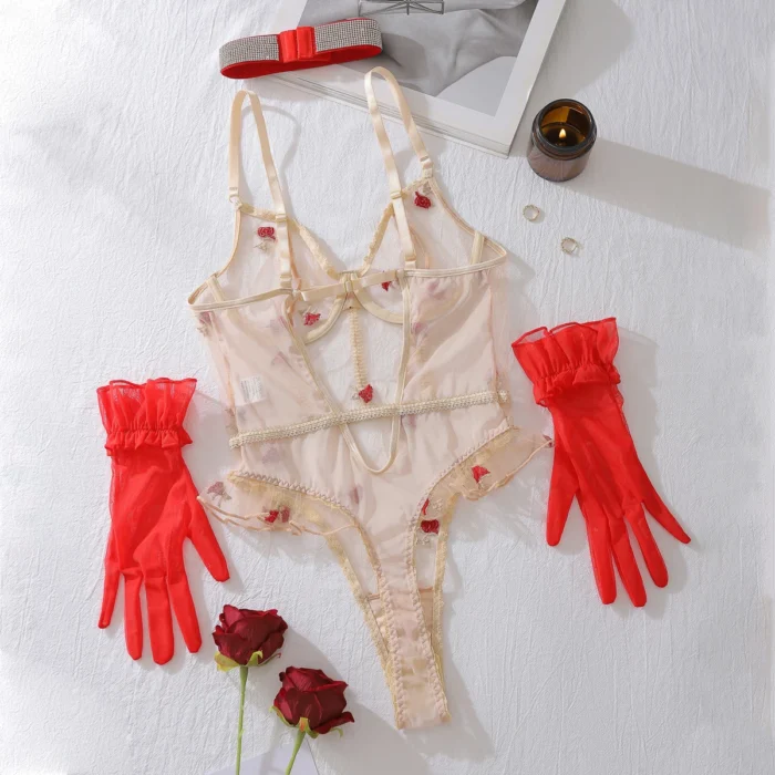 Ellolace Sexy Bodysuit Floral Embroidery Kiss Body for Women Diamond Choker Open Crotch See Through Body with Gloves Youth Set 6