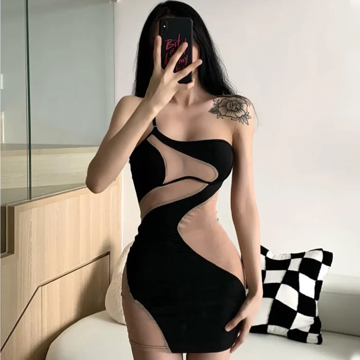 Ellolace Summer Sexy Dresses 2025 See Through Irregular Splicing Short Black Single Shoulder Strap Dress Sexy Outfits 6