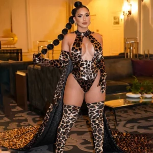 Ellolace Leopard Bodysuit with Gloves and Stockings 5-Piece Sissy Crotchless Halter Deep V Body Suit for Women Sexy Tops Tights 3