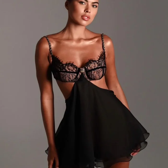 Ellolace Adult Female Sexy Dress Chain Shoulder Straps Backless Fancy Set Cut Out Sides Bra Women Tutu Organza Hilitos Outfit 2