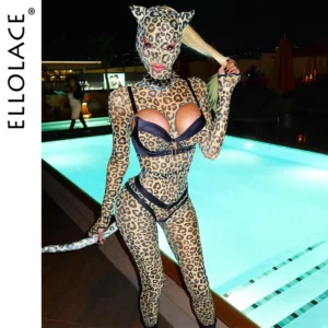Ellolace Sexy Clothes Women Lingerie Hot Cosplay Hollow Out Leopard Long Sleeve Pants Set Fetish Party Costume with Headgear Kit 1