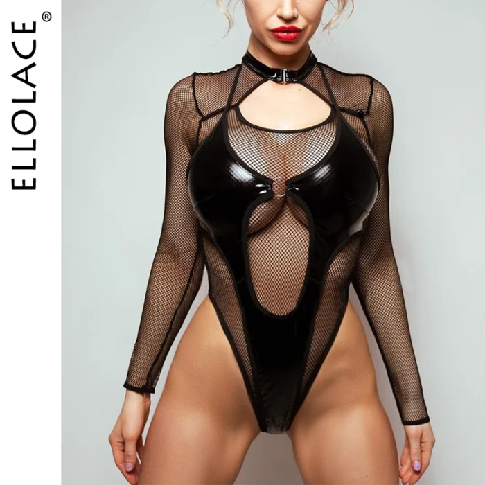 Ellolace Fetish Erotic Costume Sexy Adult Bodysuit Mesh PU Hot Lingerie for Women Crotchless Latex Kinky Body Baby Dolls 1