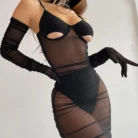 Ellolace Erotic Ruffles Mesh Long Dress Long Gloves Cut Out Bra Sissy Seductive Sexy Matching Tulle Baby Dolls Ladies Dames 3