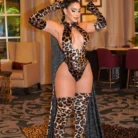 Ellolace Leopard Bodysuit with Gloves and Stockings 5-Piece Sissy Crotchless Halter Deep V Body Suit for Women Sexy Tops Tights 2