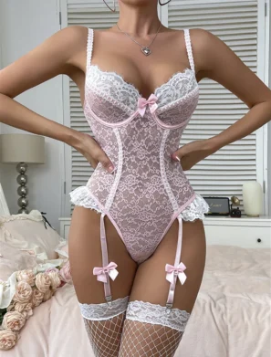 Fancy Lingerie Bodysuit Lace Patchwork Tops See Through Sissy Adult Clothes Sexy Crotchless Body Stocking Teddy