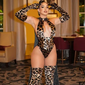 Leopard Bodysuit with Gloves and Stockings 5-Piece Sissy Crotchless Halter Deep V Body Suit for Women Sexy Tops Tights