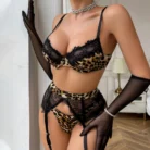 Ellolace Leopard Lace Lingerie Set with Long Gloves Suspenders Sexy Bra Outfits for Women 4