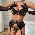 Ellolace Leopard Lace Lingerie Set with Long Gloves Suspenders Sexy Bra Outfits for Women 5