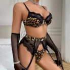 Ellolace Leopard Lace Lingerie Set with Long Gloves Suspenders Sexy Bra Outfits for Women 3
