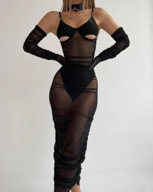Erotic Ruffles Mesh Long Dress Long Gloves Cut Out Bra Sissy Seductive Sexy Matching Tulle Baby Dolls Ladies Dames