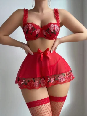 Fancy Floral Lingerie Set Ruffled Lace Exotic Sexy Underwear Valentine Ensemble